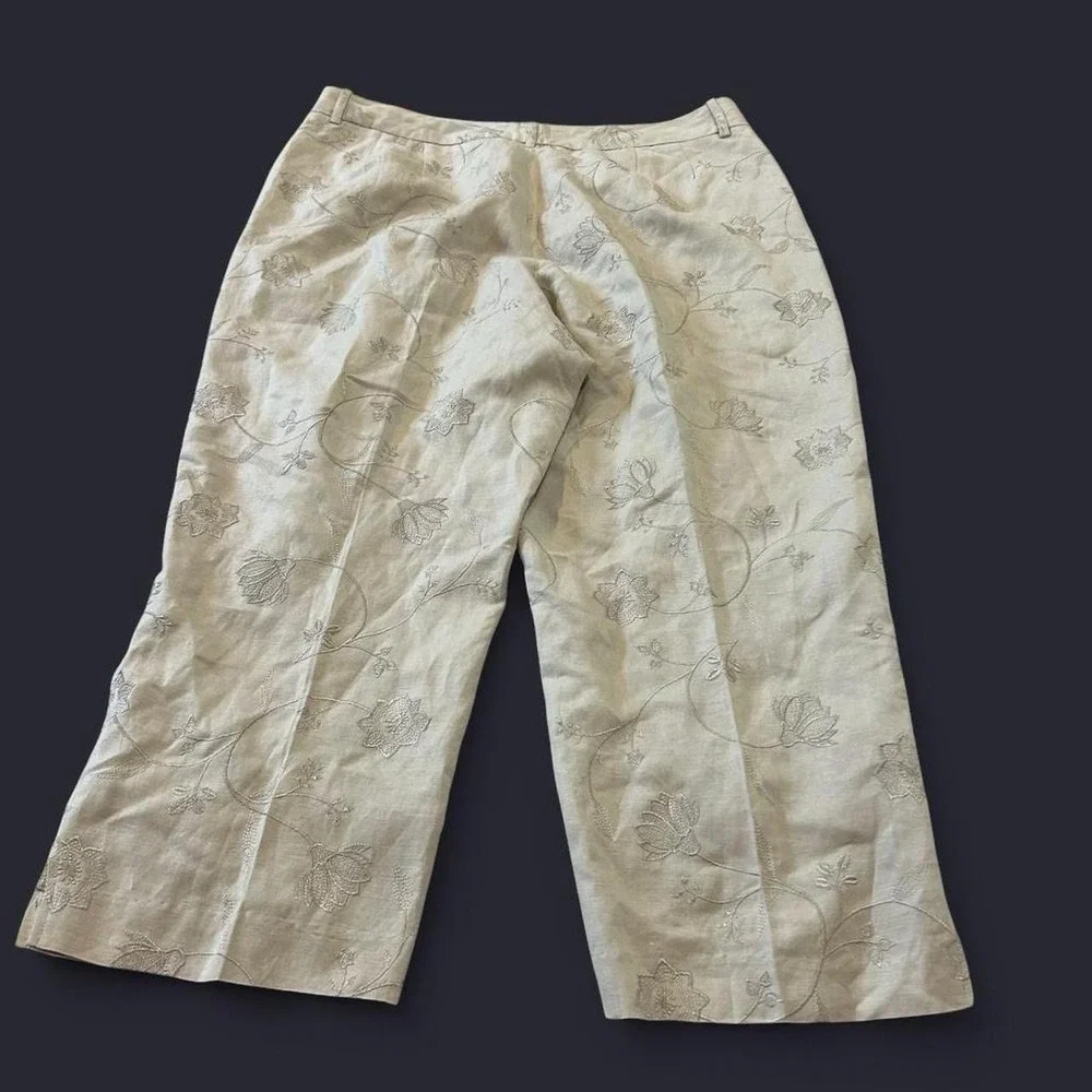Larry Levine Linen Floral Embroidered Capris Pants Casual Summer Women's 16 - Picture 2 of 9